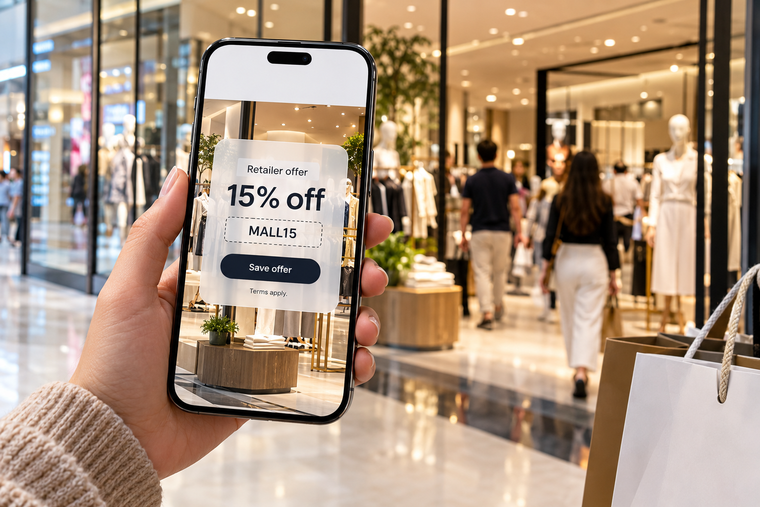 Retailer coupon on a phone at a mall store entrance